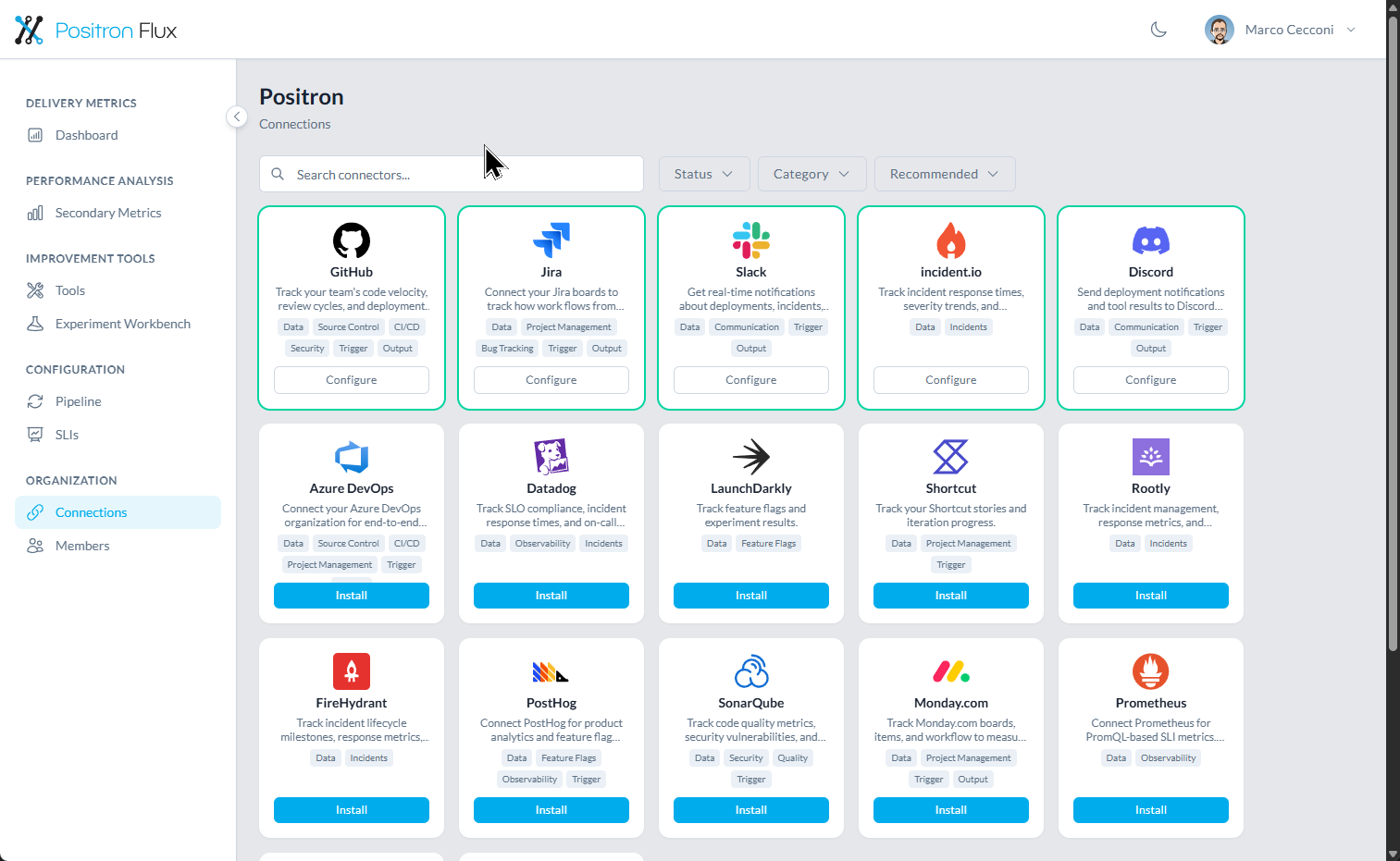 Positron Flux Connections page showing available integrations
